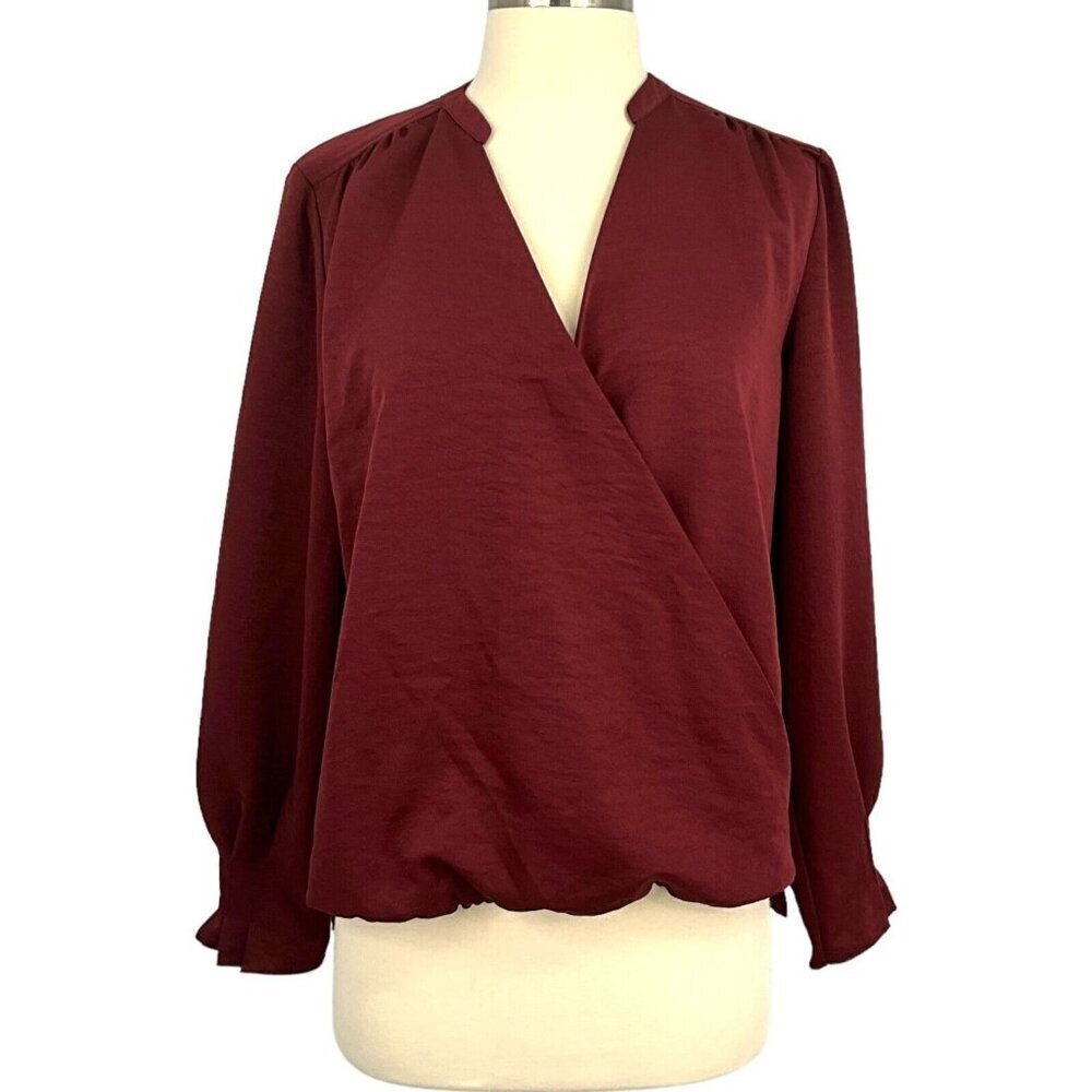 Scotch & Soda Women's M Wrap Blouse Red Satin V Neck Long Sleeve Band Collar